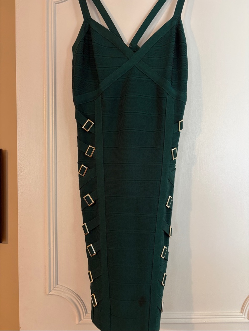 bebe Deep Green Strappy Bandage Midi Dress with Side Buckles